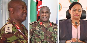 From left; NIS boss Major General Philip Kameru, CDF General Robert Kibochi and CJ Martha Koome.