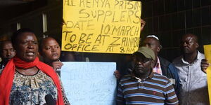 A photo of Caroline Ngesa (left), leading fellow Kenya Prisons Service suppliers at Uchumi House in Nairobi on February 16, 2020. 