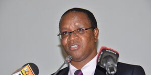 An undated photo of Interior Principal Secretary, Karanja Kibicho addressing the press