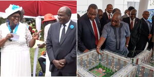 A collage image of Wafula Chebukati and his wife (left) and former President Uhuru Kenyatta and allies inspecting housing projects (right).