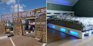 Entrance made using pallets at Green Park Terminus in Nairobi and a bed designed using pallets