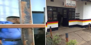Photo collage of a cop releasing a foreigner and Pangani Police Station in Nairobi