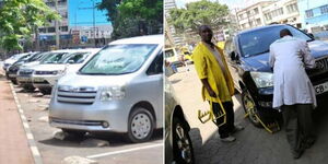 A collage image of a parking lot in Nairobi county (left) and county officials clamping a car within the CBD (right).