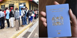 A collage photo of Kenyans in a queue at the immigration offices in Nairobi (left) and the new Kenyan passport (right).