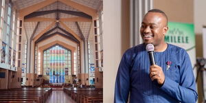 Photo collage between a church building and Pastor T Mwangi preaching