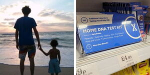 A photo collage of father and son in a beach and a home DNA test kit.