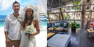 Photo collage between Peng Cheng and Mitchell Morgan during their wedding and Alchemist bar