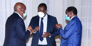 Photo of KANU Chairman Gideon Moi (from Left), ANC Party Leader Musalia Mudavadi and Wiper Party Leader Kalonzo Musyoka speaking during a One Kenya Alliance Meeting taken on June 30, 2021.