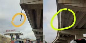 A collage image of drainage pipes hanging from the elevated Nairobi Expressway.