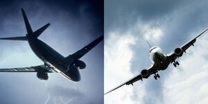 Photo collage between planes flying in the sky at different altitudes