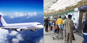 Photo collage between a plane and travellers at JKIA