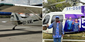 A collage image of KWS aircraft (left) and former Prime Minister Raila Odinga posing outside a chopper during campaigns (right).
