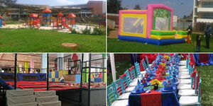 A photo collage of different sporting arenas for kids.