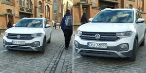A photo collage of a Volkswagen car with a GKA number plate pictured in Poland on March 8, 2023.