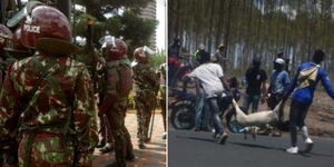 A photo of police officers alighting from a truck (left) and goons carrying sheep from the Northlands property on March 27, 2023 (right).