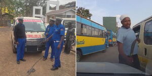 Police impound the matatu (left) and the driver threatens a motorist with a panga.