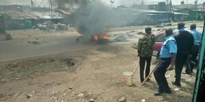 Police in action at Maringo area in South B following fiery demonstrations, May 14, 2020.