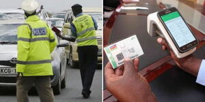Photo collage of police officers conducting random inspections and an inspection sticker with a phone verifying the details