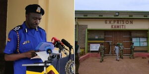 Police spokesperson Bruno Shioso (left) and entrance to Kamiti Maximum Security Prison.