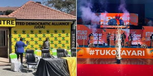 A collage image of the United Democratic Alliance(UDA) party headquarters in Nairobi (Left) and the Orange Democratic Movement (ODM) party NDC (Right).