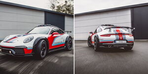 Photo collage of the redesigned Porsche 911 Vision Safari car 