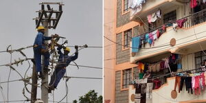 A photo collage of Kenya Power technicians at work (left) and an apartment in Nairobi (right) showing overhead power cables.