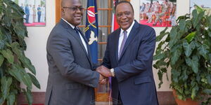 Former President Uhuru Kenyatta (Right) with President Felix Tshisekedi of the Democratic Republic of Congo at State House, Nairobi. December 10, 2019.