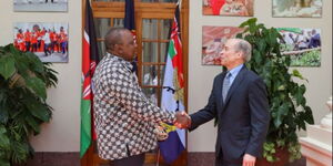 President Uhuru Kenyatta (left) greets SC Johnson Company CEO Fisk Johnson at State House on Wednesday, April 6, 2022.