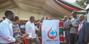 President Uhuru Kenyatta (third left) with other leaders during the launch of the Universal Health Care programme in Kisumu in December 2018.