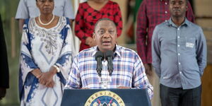 A photo of President Uhuru Kenyatta issuing an address at Harambee House on Sunday, March 15, 2020.