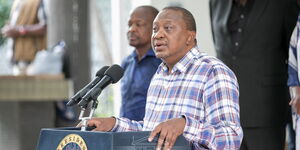 A photo of President Uhuru Kenyatta issuing an address at Harambee House on Sunday, March 15, 2020.