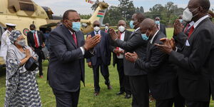 President Uhuru Kenyatta and First Lady Margaret Kenyatta arrive in Kisii on Mashujaa Day October 20, 2020.