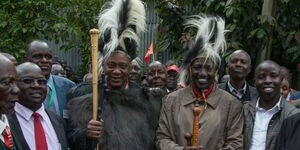 President Uhuru Kenyatta and his deputy William Ruto meeting with Talai clan elders in Nandi County in 2017