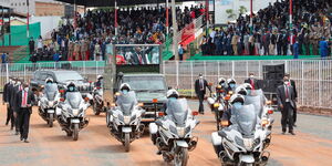 President Uhuru Kenyatta arrives at the Gusii stadium on Mashujaa Day October 20, 2020.