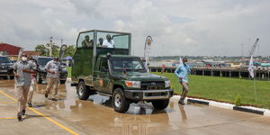 President Uhuru Kenyatta arrives at the Kenya Shipyards Limited (KSL) in Mtongwe, Mombasa on Friday, December 17, 2021.
