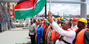 President Uhuru Kenyatta flagging off the first consignment of 200,000 barrels of Kenyan oil for export on August 26, 2019, in Mombasa.