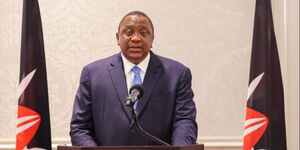 President Uhuru Kenyatta speaks to a delegation at United Nations office in New York on Tuesday, October 12, 2021.