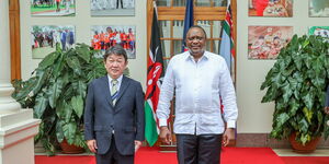 President Uhuru Kenyatta with Foreign Affairs Minister of Japan Toshimitsu Motegi at State House, Nairobi on January 13, 2021.