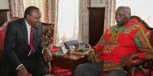 President Uhuru Kenyatta with former President Daniel arap Moi when he paid him a courtesy call at his Kabarnet Gardens residence in Nairobi on February 16, 2017. 