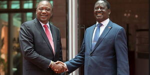 President Uhuru Kenyatta's shakes hands with former Prime Minister Raila Odinga on March 9, 2018.