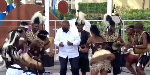President Uhuru Kenyatta danced with Bomas Harambee Dancers at the Expo 2020 Dubai during the Kenya Day festivities on Wednesday, February 16, 2022.