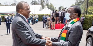 President Uhuru Kenyattat (l) welcomes his Zimbabwean Counterpart. Emmerson Mnangagwa at State House, Nairobi on Wednesday, March 9, 2022.