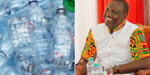 President William Ruto (right) and a pile of plastic bottles.