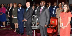 President William Ruto (second right) and Foreign Affairs CS Alfred Mutua (fourth right) during EU-Kenya Forum held in Nairobi on February 21, 2023.