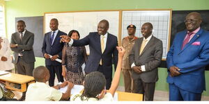 President William Ruto (center) on his left Nairobi governor Johnson Sakaja and other leaders, on Ruto's right deputy President Rigathi Gachagua and outgoing Education CS George Magoha at the Komarock Primary on Wednesday October 12, 2022