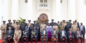 President William Ruto (front center) with other leaders and Police Commanders at State House on Wednesday, November 16, 2022.