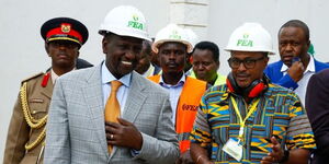 President William Ruto (in grey coat) in Nakuru during the launch of a new fertiliser variety on Friday March 3, 2023