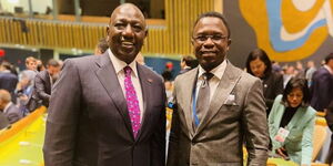President William Ruto (left) with Sports CS Ababu Namwamba (right) at the United Nations General Assembly (UNGA) in New York September 20,2022.