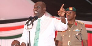 President William Ruto addressing Kibera residents during the groundbreaking of the Kibera Soweto East Zone B Social Housing Project