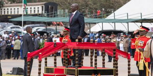 President William Ruto arrives at Uhuru Gardens for the 2022 Mashujaa Day celebrations.